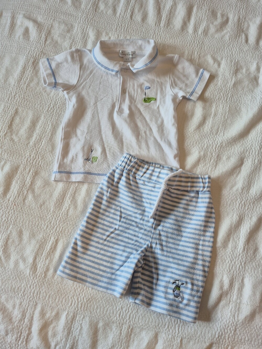 Kissy Kissy boys size 6-9 months blue & white short set golf  embroidery EUC